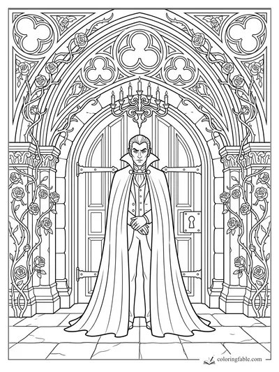 Gothic vampire standing before arched castle doors with roses, stone tracery, and a chandelier.