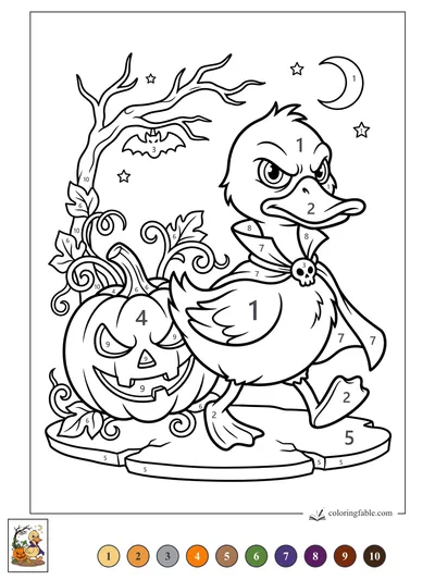 Vampire Duck Beside a Grinning Jack-o’-Lantern — color by number