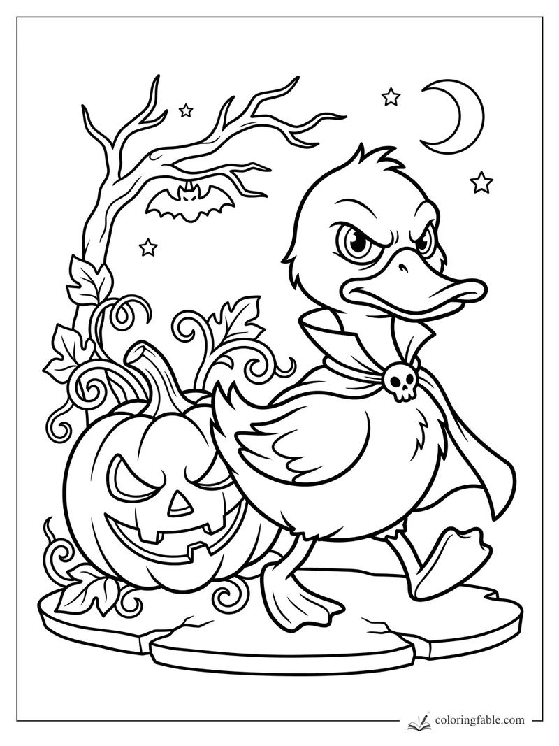Cartoon vampire duck with cape, skull clasp, pumpkin, bare tree, bat, crescent moon, and stars.