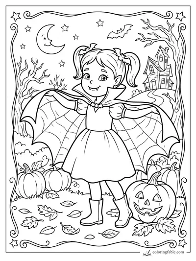 Cartoon vampire girl with bat cape, pumpkins, jack-o’-lantern, moon, bats, haunted house, and curly border