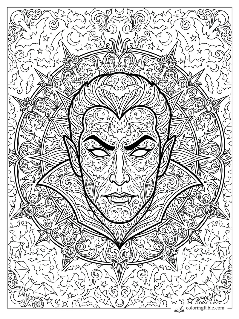 Intricate vampire face mandala with pointed collar, bats, crescent moons, stars, and swirling Gothic filigree.