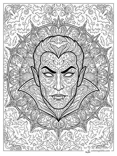 Intricate vampire face mandala with pointed collar, bats, crescent moons, stars, and swirling Gothic filigree.