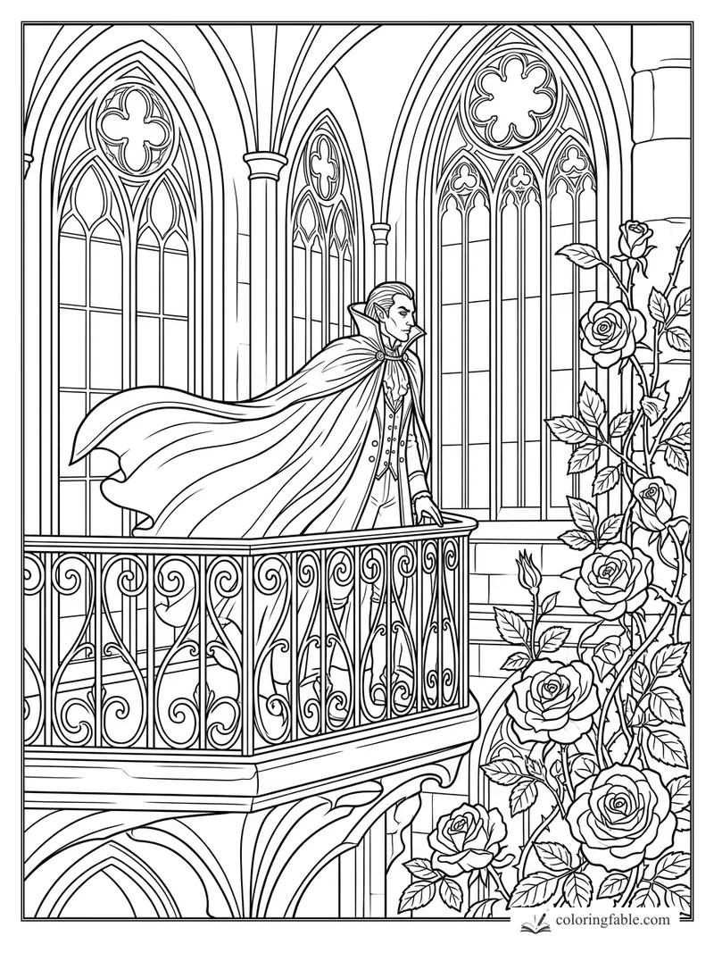 Gothic vampire on an ornate balcony beside tall arched windows and climbing roses