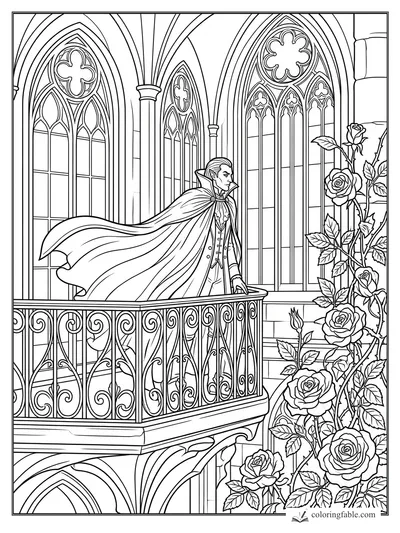 Gothic vampire on an ornate balcony beside tall arched windows and climbing roses