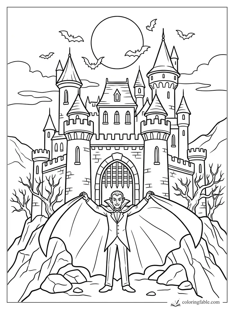 Vampire holding a wide cape in front of a castle, full moon, bats, bare trees, and rocky hills.