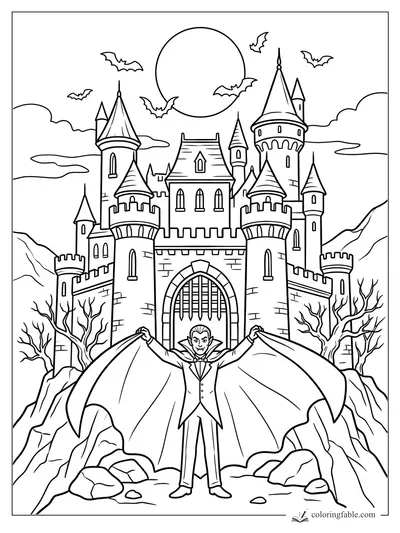 Vampire holding a wide cape in front of a castle, full moon, bats, bare trees, and rocky hills.