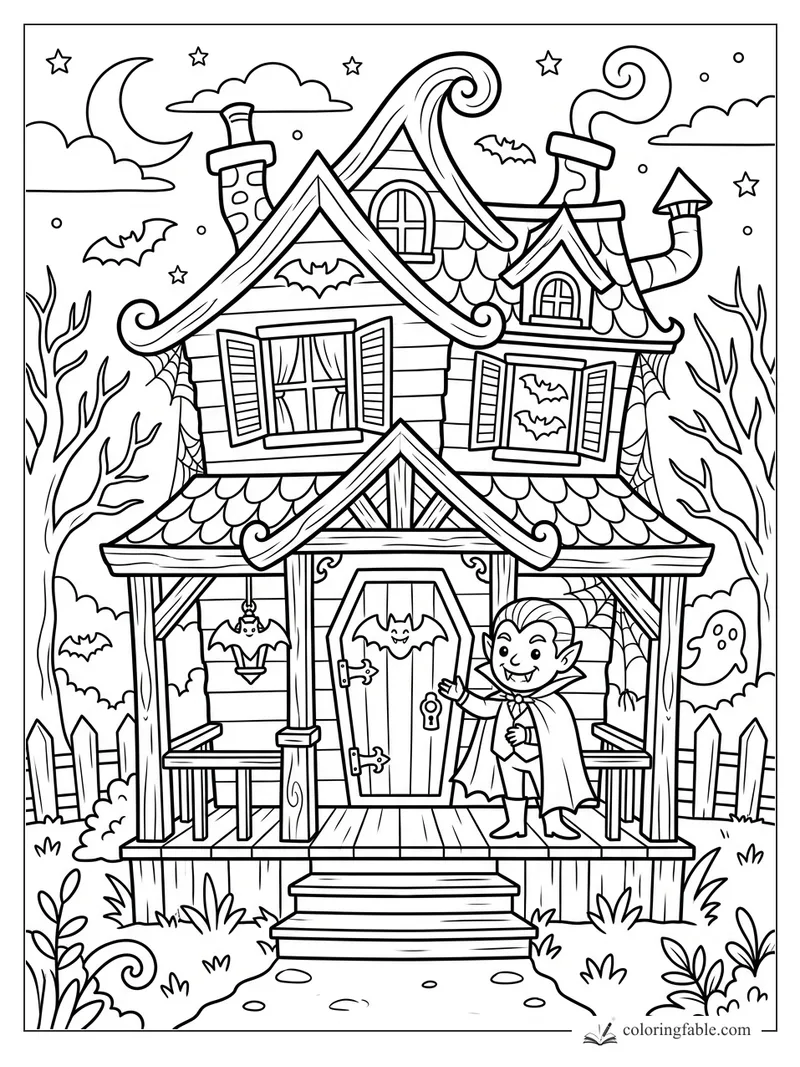 Cartoon haunted house with curly roofs, bats, moon, ghost, spiderwebs, and a smiling vampire holding a key.