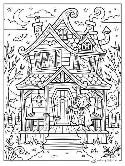 Cartoon haunted house with curly roofs, bats, moon, ghost, spiderwebs, and a smiling vampire holding a key.