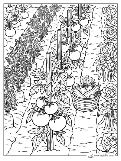 Garden coloring page with tomato vines, carrots, cabbages, beans, and a basket of vegetables