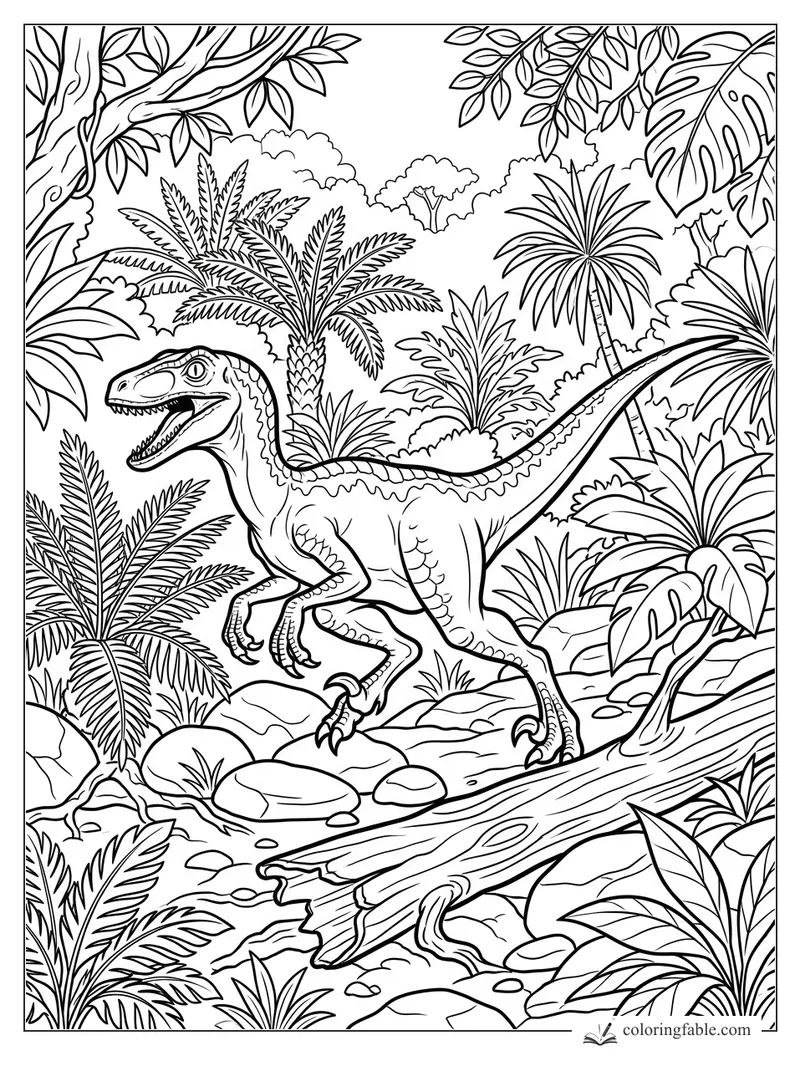 Velociraptor with open jaws stepping through a fern-filled jungle with palms, rocks, and a fallen log