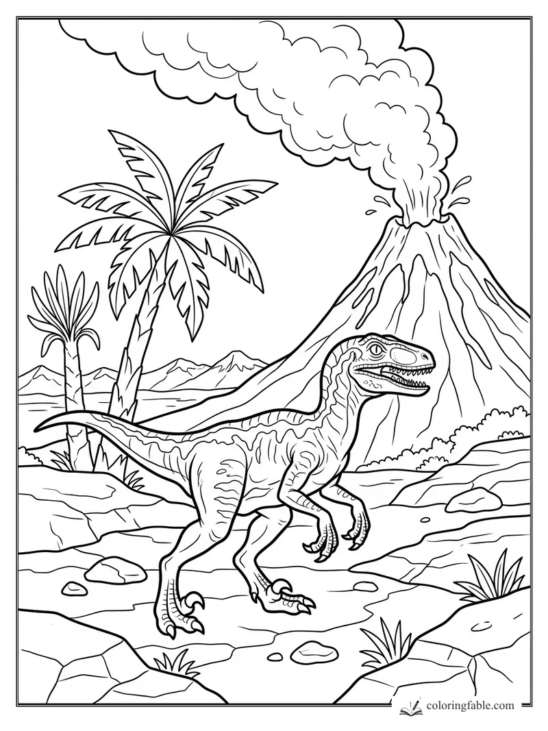Velociraptor walking past palm trees and a smoking volcano in a prehistoric rocky landscape