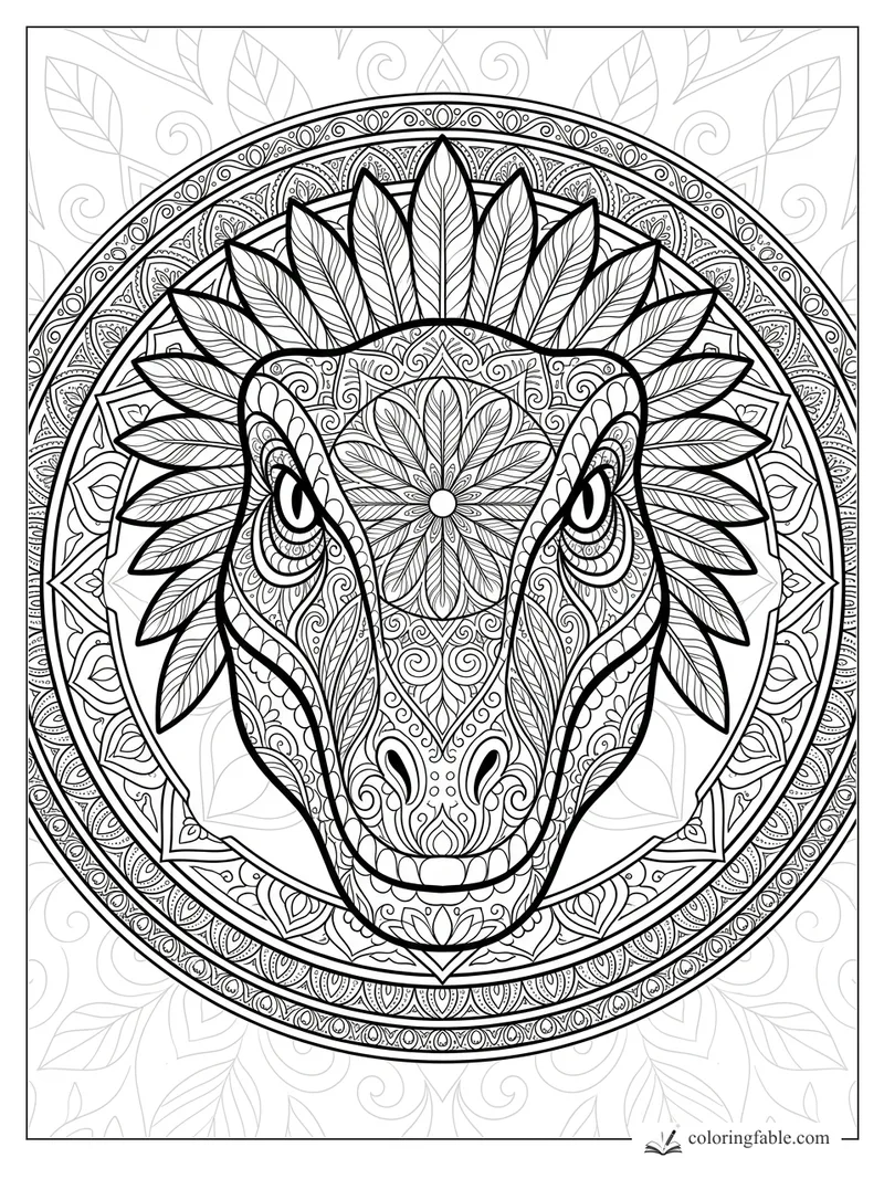 Intricate velociraptor head mandala with leaf-like crest feathers, patterned eyes, and circular floral borders.