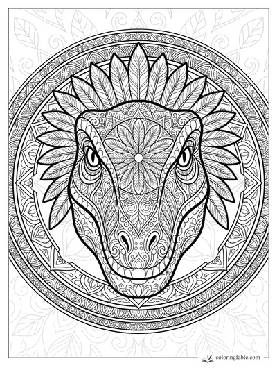 Intricate velociraptor head mandala with leaf-like crest feathers, patterned eyes, and circular floral borders.