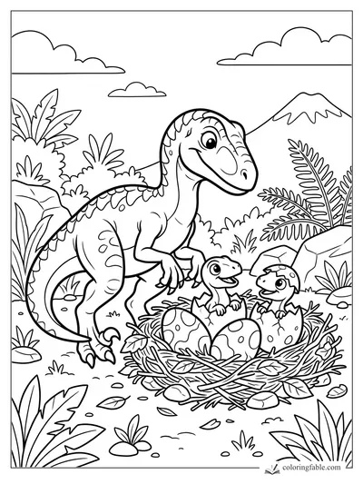 Cartoon velociraptor watching two hatchlings in a twig nest with spotted eggs, jungle plants, and a volcano