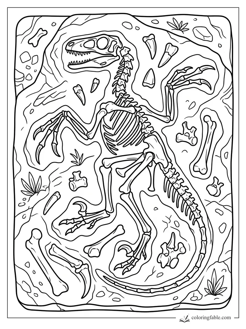 Velociraptor skeleton fossil with claws, teeth, tail bones, scattered rocks and desert plants