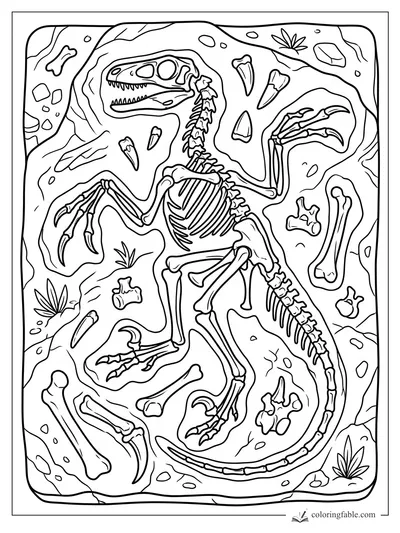 Velociraptor skeleton fossil with claws, teeth, tail bones, scattered rocks and desert plants