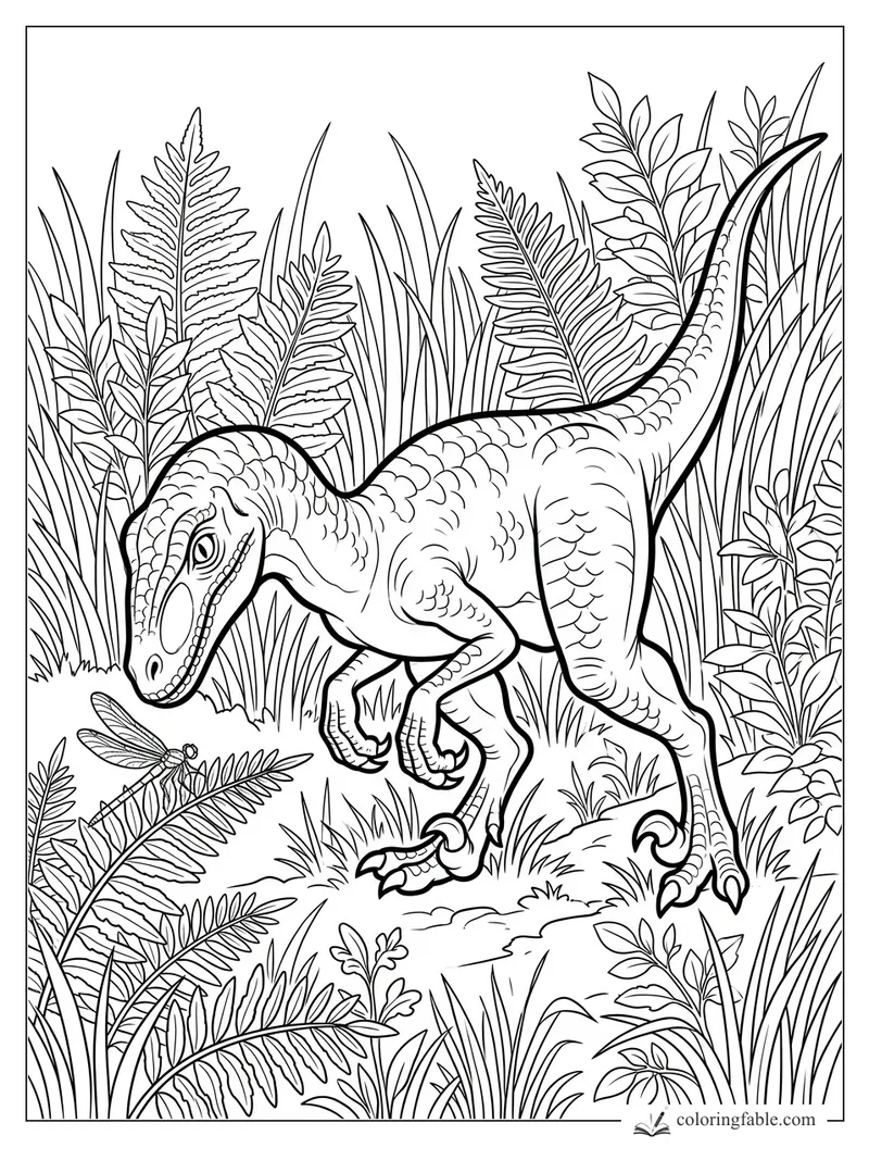Velociraptor crouching in tall ferns and grasses near a dragonfly coloring page