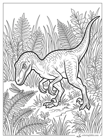 Velociraptor crouching in tall ferns and grasses near a dragonfly coloring page
