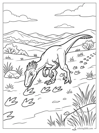 Velociraptor sniffing large footprints in a grassy valley with mountains, shrubs, rocks, and clouds.