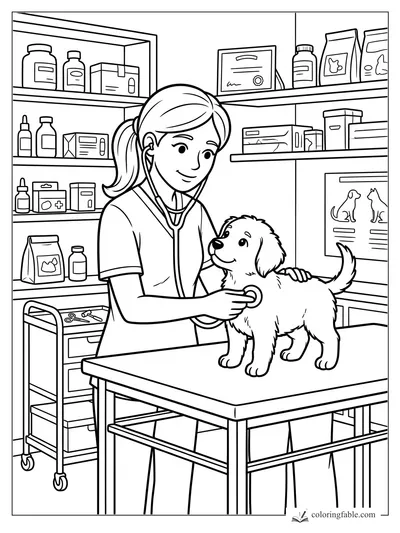 Cartoon veterinarian checks a fluffy puppy with a stethoscope in a pet clinic exam room.
