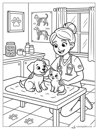 Cartoon veterinarian smiling with a puppy and kitten on an exam table in a pet clinic.