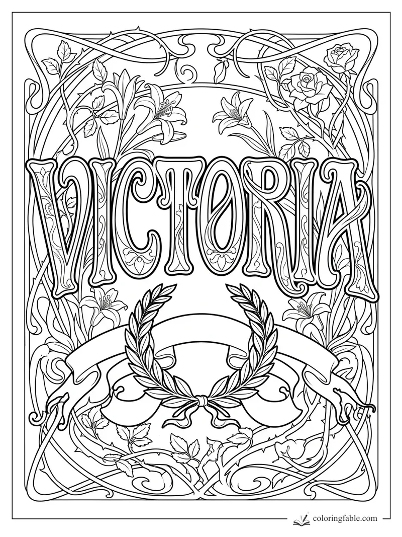 Intricate Victoria name coloring page with Art Nouveau vines, lilies, roses, ribbon, and laurel wreath.
