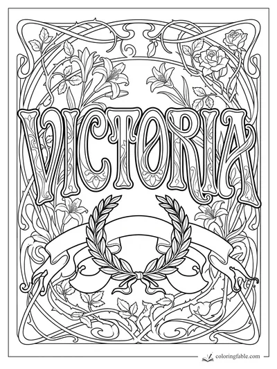 Intricate Victoria name coloring page with Art Nouveau vines, lilies, roses, ribbon, and laurel wreath.