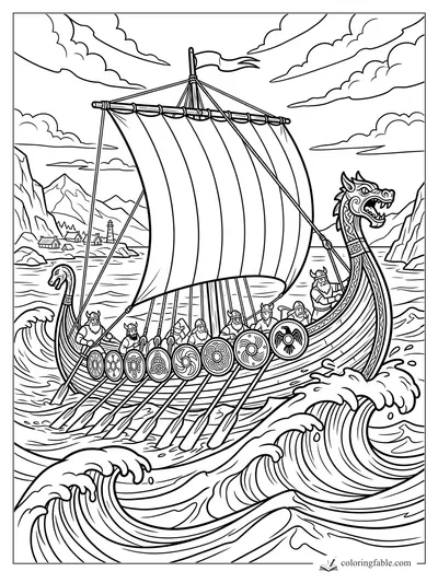 Cartoon Viking longship with dragon prow, striped sail, shields, oars, waves, cliffs, and lighthouse