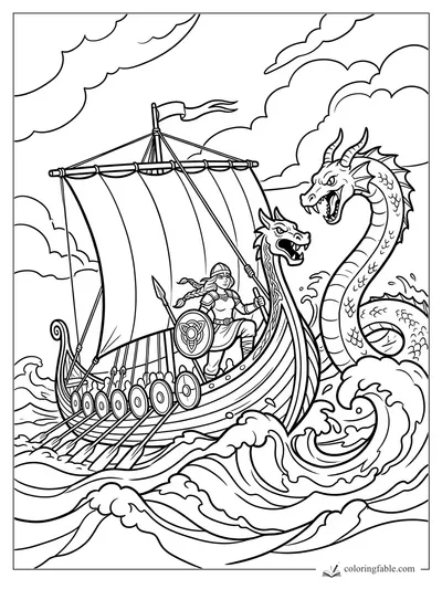 Cartoon Viking girl on a longship facing a two-headed sea dragon in crashing waves
