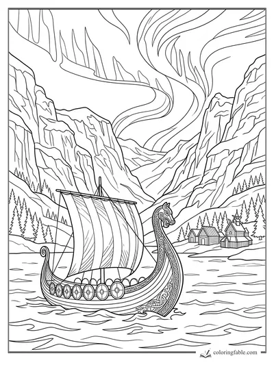 Intricate Viking longship sailing through a Norwegian fjord under swirling northern lights