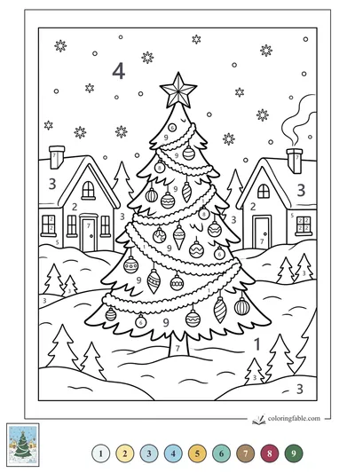 Village Christmas Tree Under Falling Snow — color by number