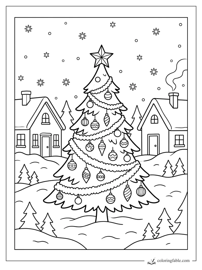 Christmas tree with star, garlands, ornaments, snowy village houses, pine trees, and falling snowflakes