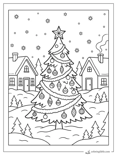 Christmas tree with star, garlands, ornaments, snowy village houses, pine trees, and falling snowflakes
