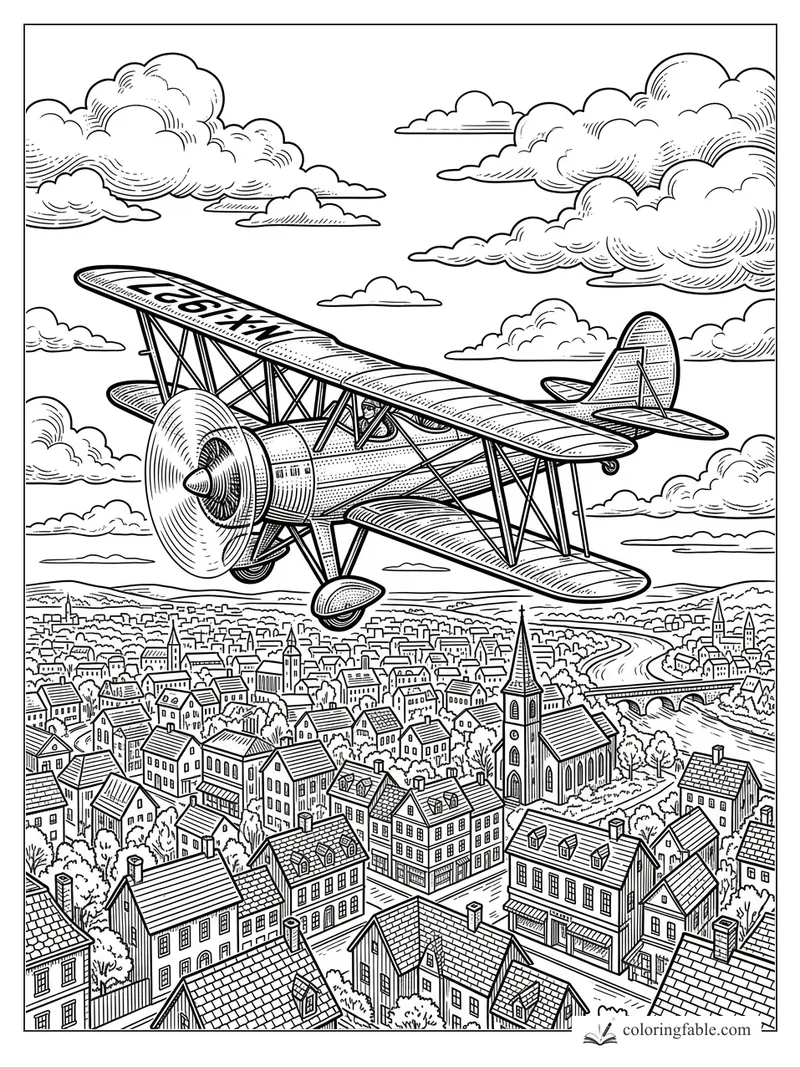 Engraving-style vintage biplane flying over a detailed town with clouds, church steeple, river, and bridge