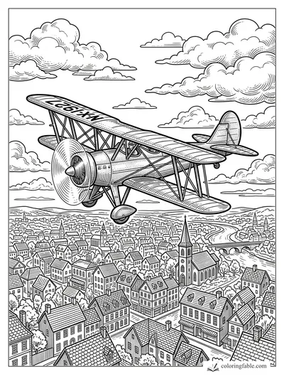 Engraving-style vintage biplane flying over a detailed town with clouds, church steeple, river, and bridge