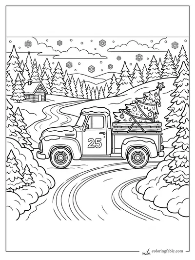 Vintage pickup marked 25 carrying a Christmas tree through snowy pine woods near a cabin