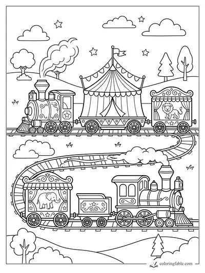 Vintage circus train coloring page with steam engines, big-top tent car, lion car, elephant car, stars and hills