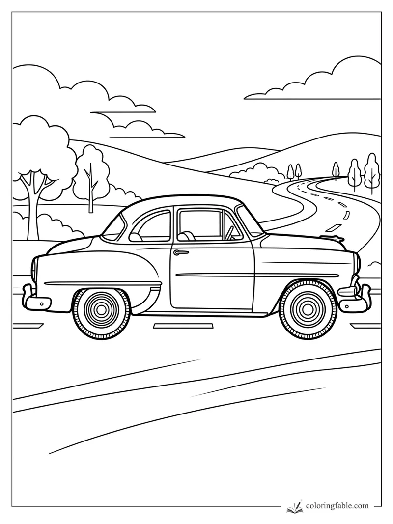 Vintage coupe parked by a curving hill road with trees, clouds, and rolling countryside