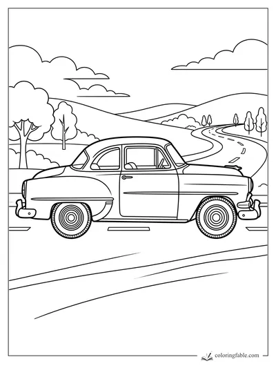 Vintage coupe parked by a curving hill road with trees, clouds, and rolling countryside