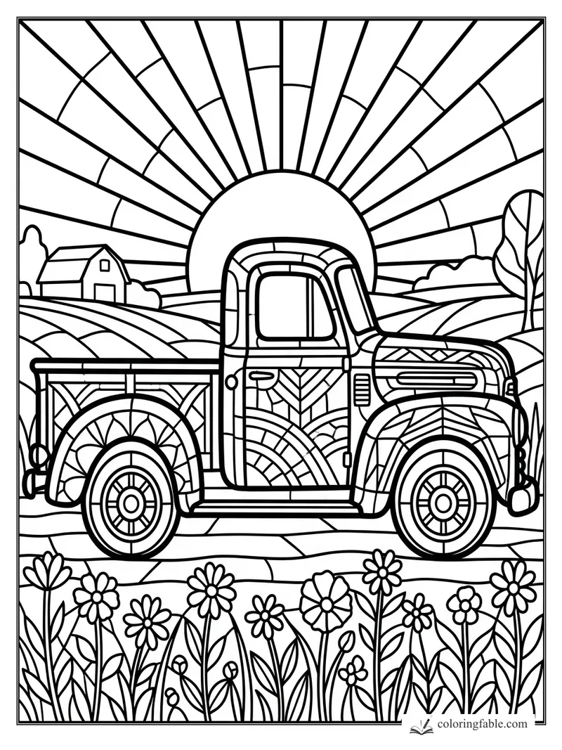 Stained-glass vintage pickup truck by flower rows, rolling fields, barn, trees, and a radiant sunrise