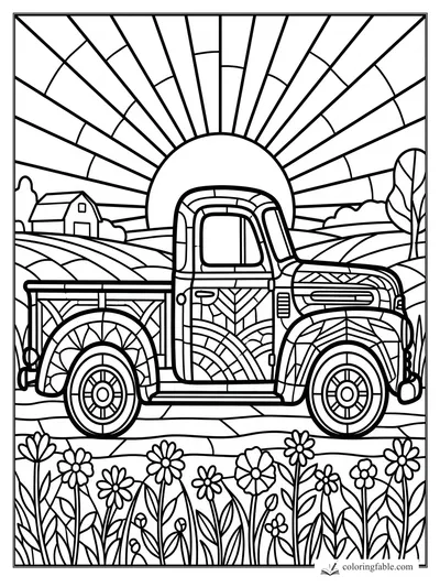 Stained-glass vintage pickup truck by flower rows, rolling fields, barn, trees, and a radiant sunrise