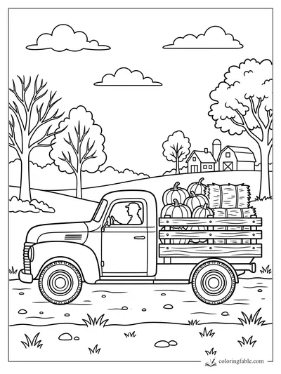 Vintage farm truck carrying pumpkins and hay bales past barns, trees, clouds, and rolling fall fields.