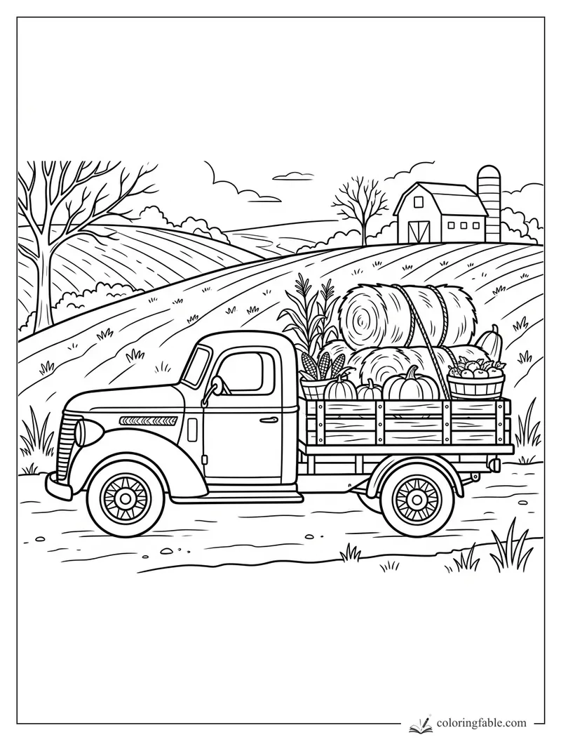 Vintage pickup loaded with pumpkins, corn, hay bales, and apples near a barn on rolling farm hills