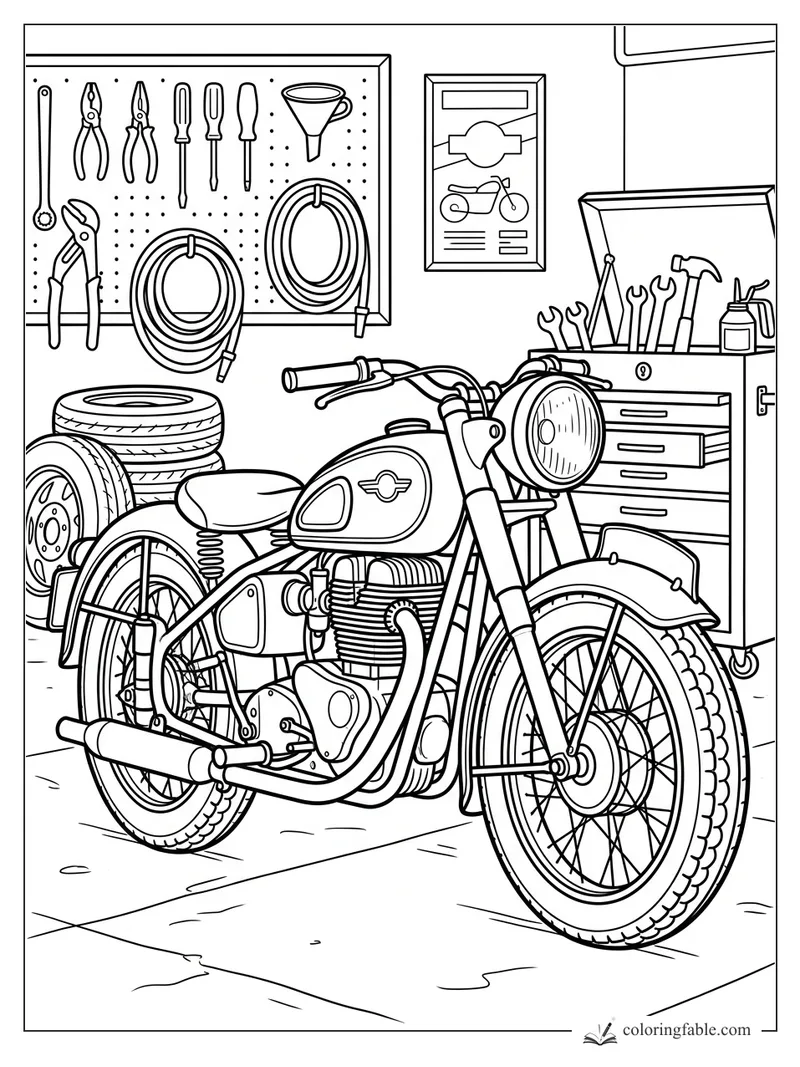 Vintage motorcycle in a garage with pegboard tools, tires, workbench, and a framed bike poster