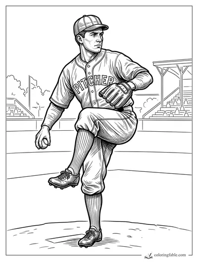 Engraving-style baseball pitcher in a windup, glove raised, ball in hand, with bleachers behind him