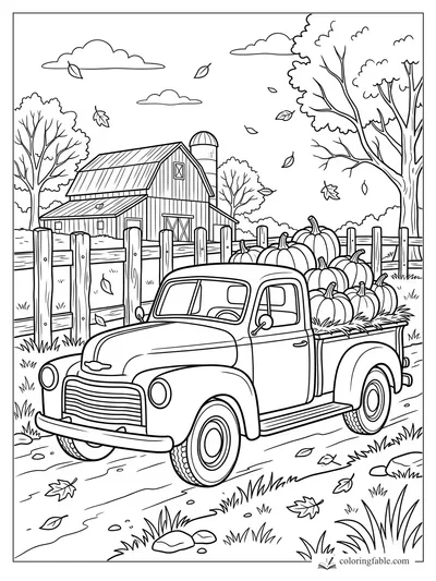 Vintage pickup loaded with pumpkins near a barn, fence, autumn trees, and falling leaves