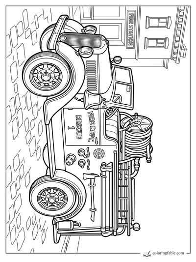 Vintage Rescue 1 fire truck with hose reel, ladder, bell, and open cab door beside a fire station.