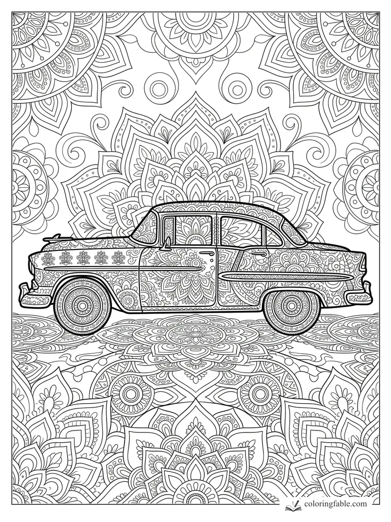Intricate mandala coloring page of a vintage sedan with floral body panels and ornate wheels