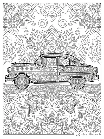 Intricate mandala coloring page of a vintage sedan with floral body panels and ornate wheels