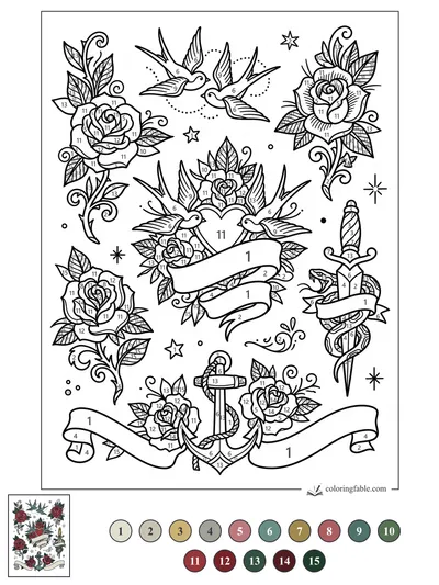 Vintage Tattoo Flash with Swallows, Roses, Anchor, and Snake Dagger — color by number